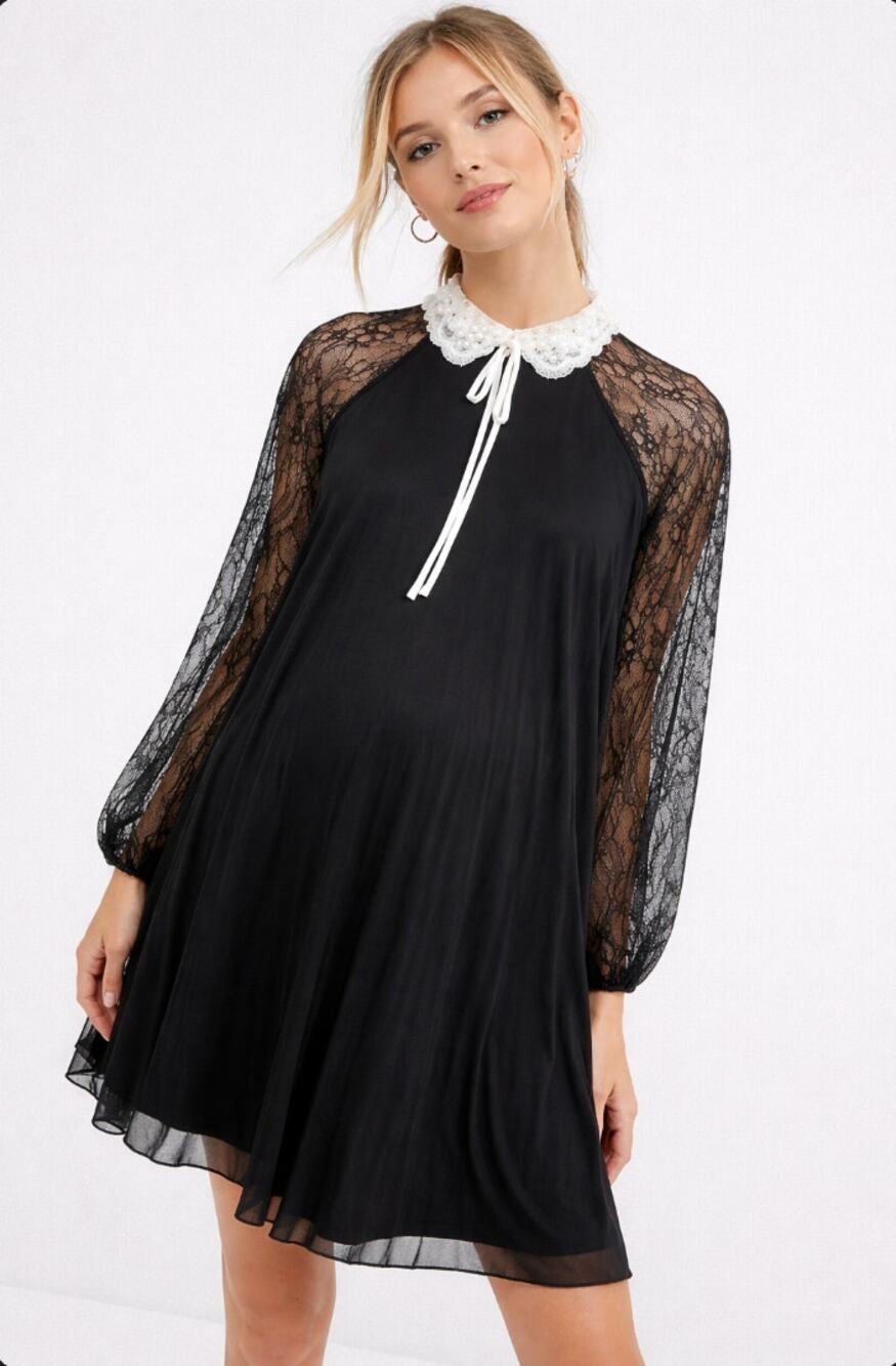 ASOS Black Chiffon Swing Dress Lace Sleeves Embellished Peter Pan Collar Sz 6